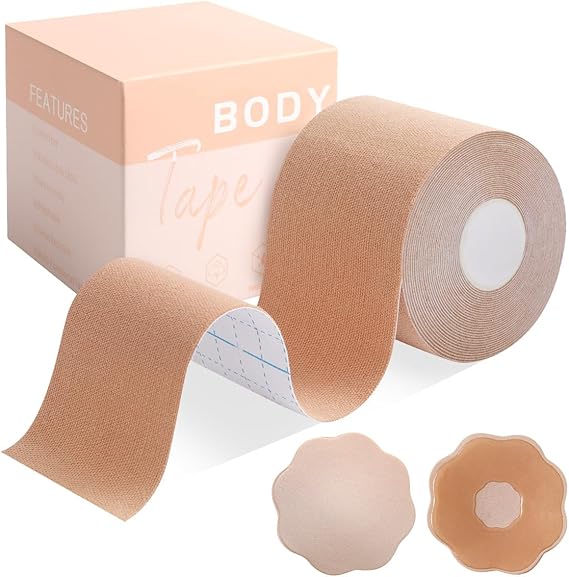 🔥Hot Sale 70% OFF🔥Boob Tape & Nipple Covers Set - Waterproof Breast Lift Tape for Large Breasts, Invisible Skin-Friendly Body Tape for Backless Outfits, All-Day Hold Adhesive Bra with 2 Pcs Petals (Tan)