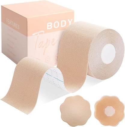 🔥Hot Sale 70% OFF🔥Boob Tape & Nipple Covers Set - Waterproof Breast Lift Tape for Large Breasts, Invisible Skin-Friendly Body Tape for Backless Outfits, All-Day Hold Adhesive Bra with 2 Pcs Petals (Tan)
