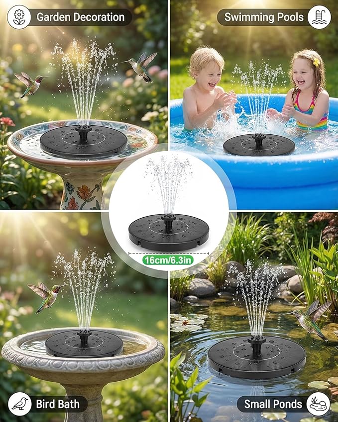 🔥Hot Sale 30% OFF🔥2026 Upgraded 1.4W Solar Bird Bath Fountain - Floating Solar Powered Water Pump with 7 Spray Patterns, Eco-Friendly Outdoor Fountain for Bird Bath, Garden, Pond & Pool