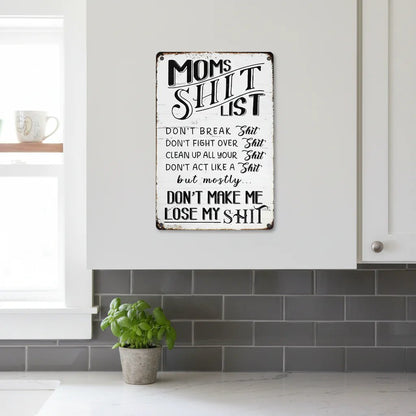 Funny Mom’s Shit List Kitchen Sign – Vintage Metal Wall Decor Gift